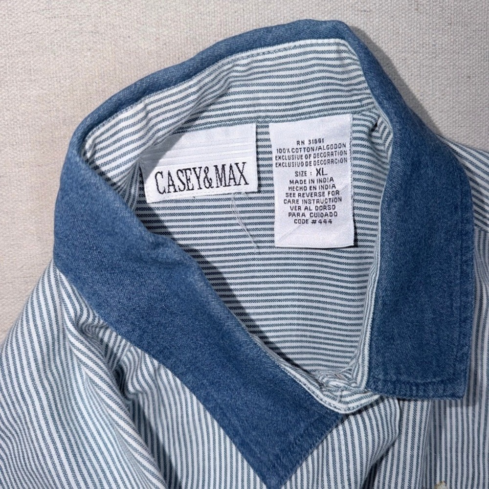 Casey & Max Embroidered Striped Shirt XL Blue Cottagecore Denim Collar Vintage - Picture 5 of 7